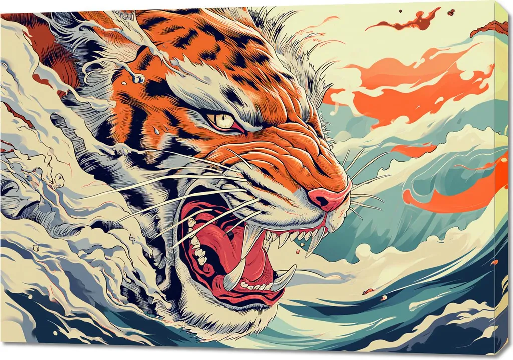 Tableau Tigre sur la vague 100x70cm : Toile Art Japonais Moderne
