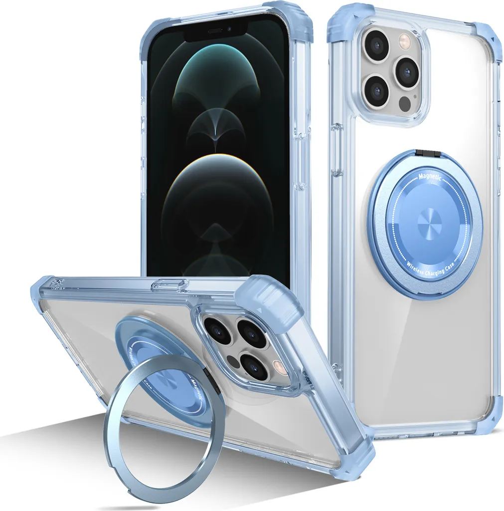 Custodia per iPhone 12 / iPhone 12 Pro supporto ad anello magnetico, supporto, compatibile con MagSafe, protezione militare, custodia trasparente blu