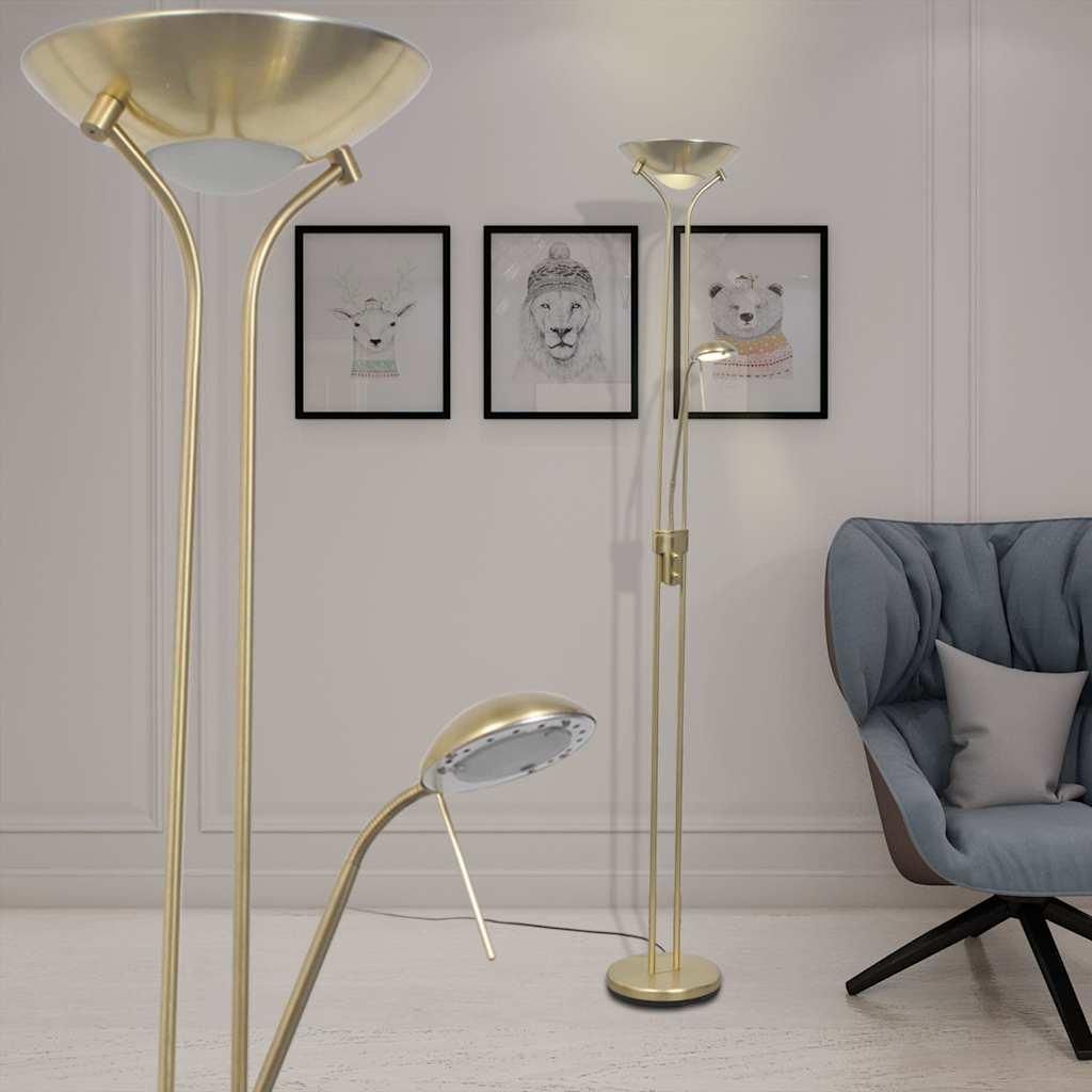 A modern living room scene with two floor lamps and a chair.
