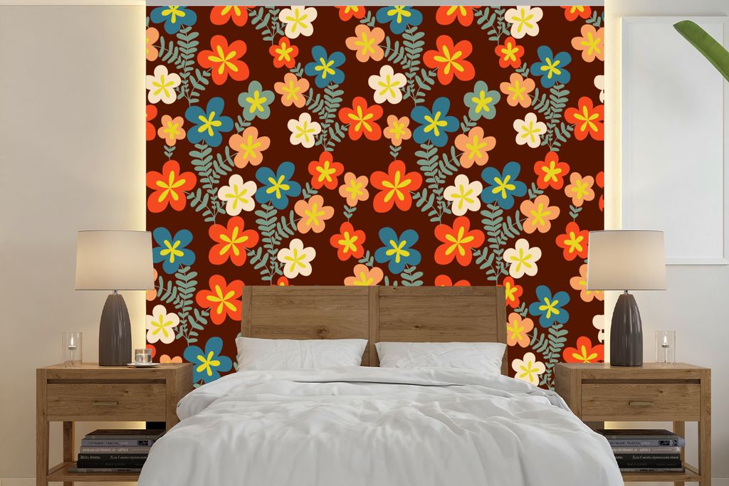 MuchoWow Fototapete für Wohnzimmer oder Schlafzimmer Wandtapete Vinyl Motivtapete Retro - Muster - Blumen - 1970er Jahre - 350x350 cm - Schlafzi...