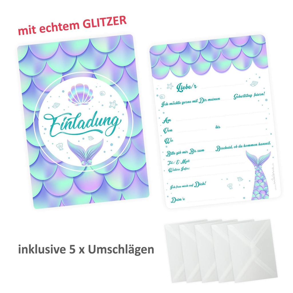 5 Einladungskarten Meerjungfrau mit GLITZER inkl. 5 transparenten Briefumschlägen Kindergeburtstag Mädchen Junge Einladu
