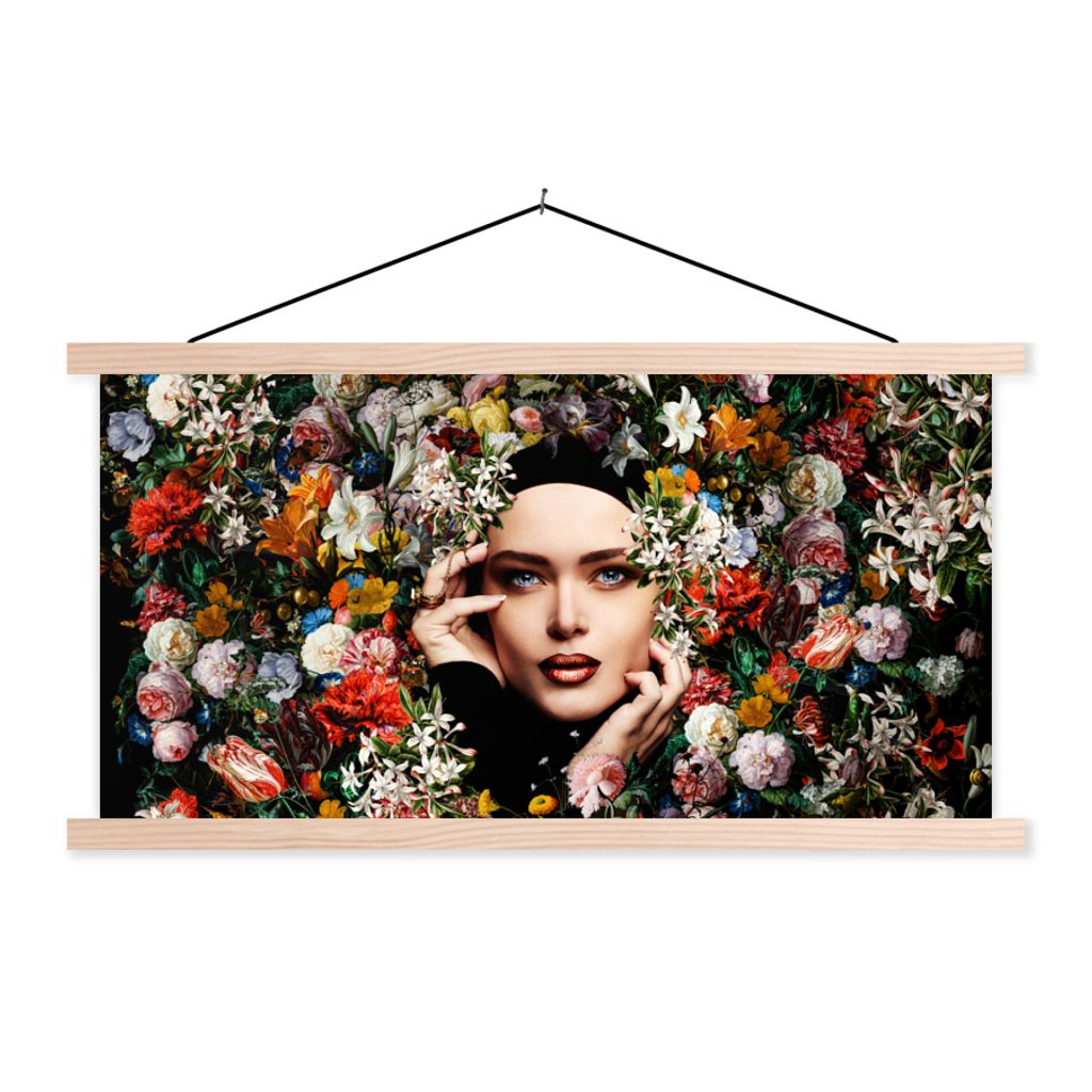 MuchoWow Textilposter Blume - Frauen - Porträt - Botanisch 60x30 cm mit holzfarbenen Rahmen - Dekoration