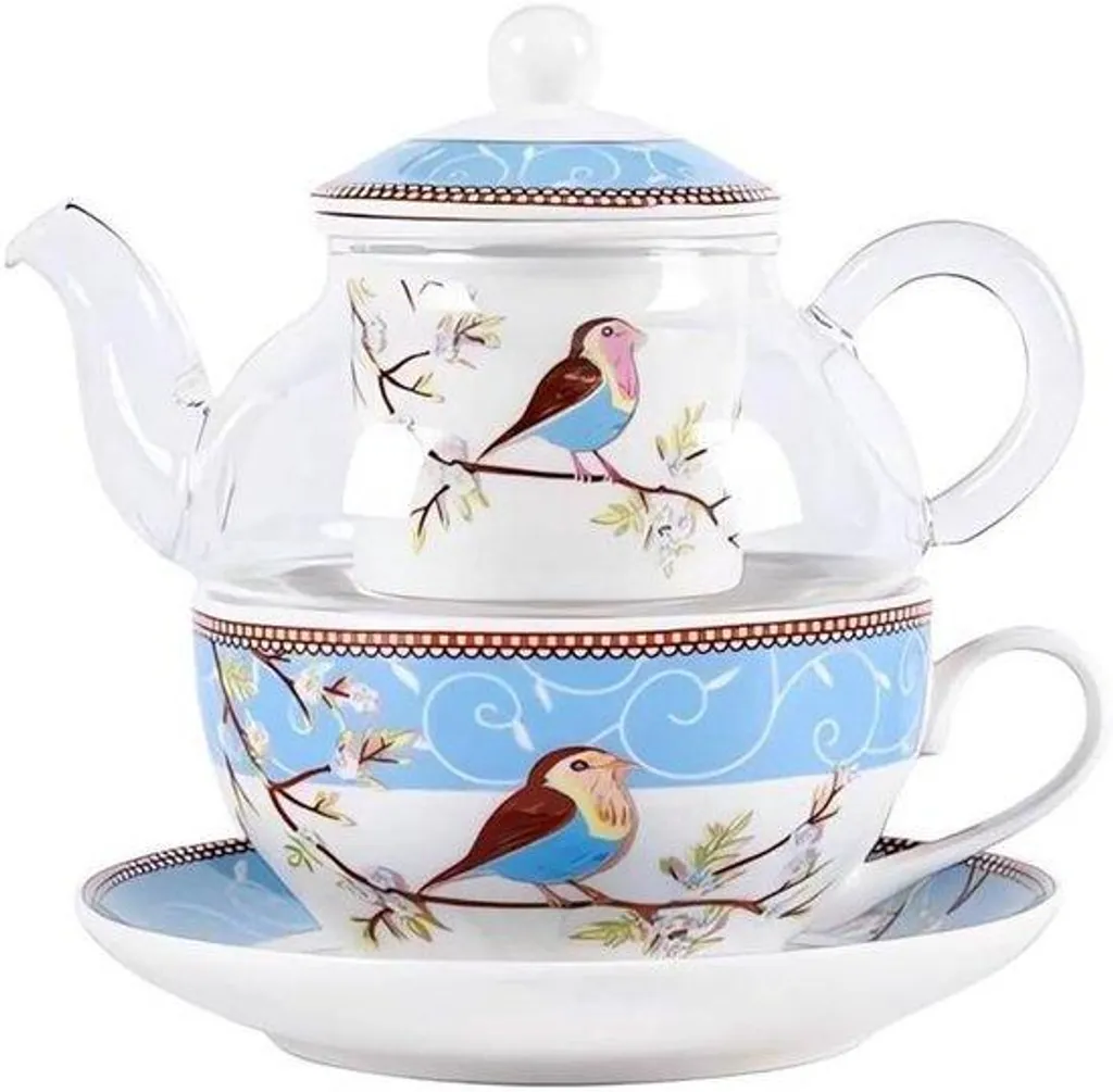 Service à thé design avec théière en verre bleu et filtre en porcelaine