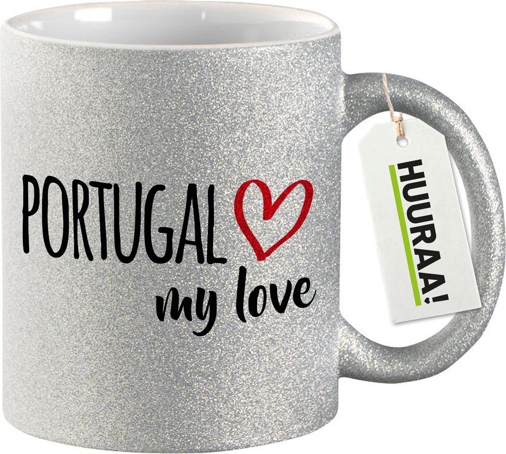 Huuraa Glitzertasse Portugal my love 330ml Silber Keramik Kaffeebecher Geschenkidee