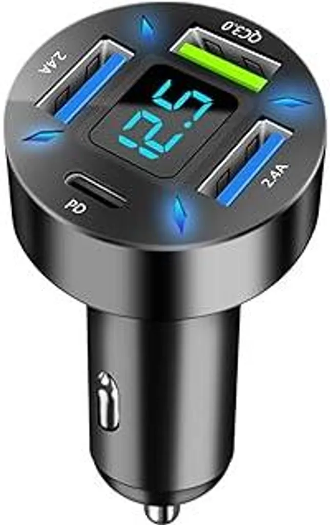 Caricabatterie Auto USB C 66W A 5 Porte | Adattatore Accendisigari Con QC3.0+PD E Voltmetro LED | Veloce E Compatto | Per Auto E Camion