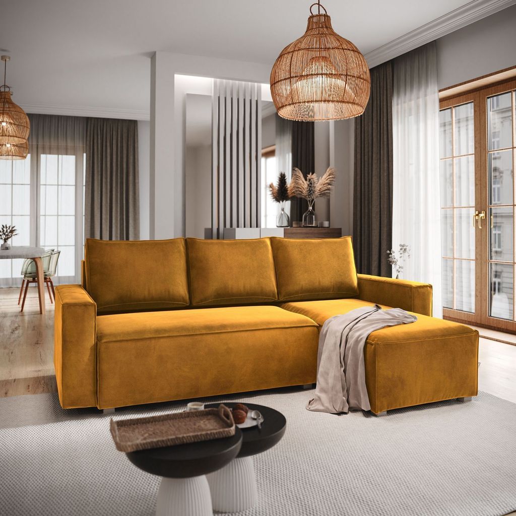 Masseno Ecksofa SILES mit Schlaffunktion L-Form, Sofa mit Bettkasten, Wohnzimmersofa, Couch, Soffa, Bettsofa, Couchgarnitur- Gelb, MONOLITH 48