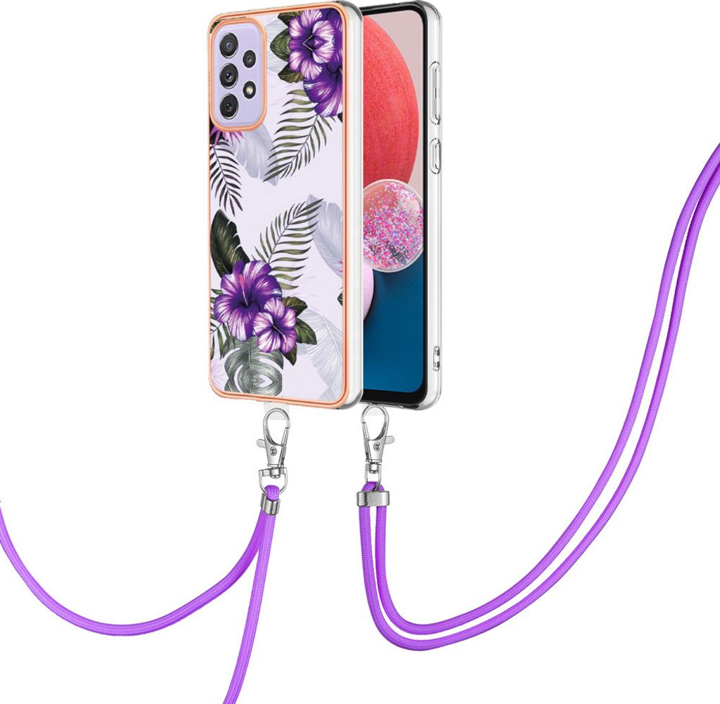 Handykette Hülle für Samsung Galaxy A13 4G Muster TPU Schutzhülle mit verstellbarem Tragegurt Lila