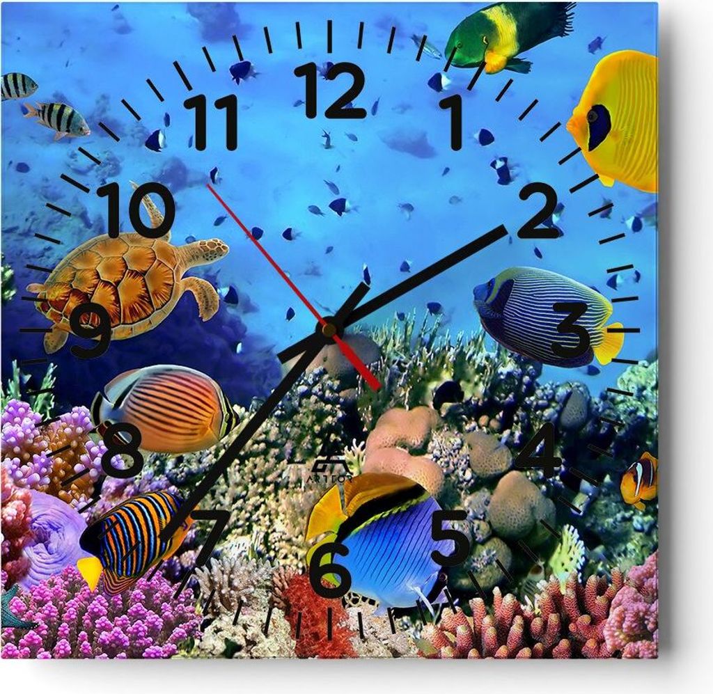 Wanduhr - Quadrat - Glasuhr - Korallenriff - 30x30cm - Schleichendes Uhrwerk - Lautlos - zum Aufhängen bereit - Dekoration Modern - Wanddekoration...
