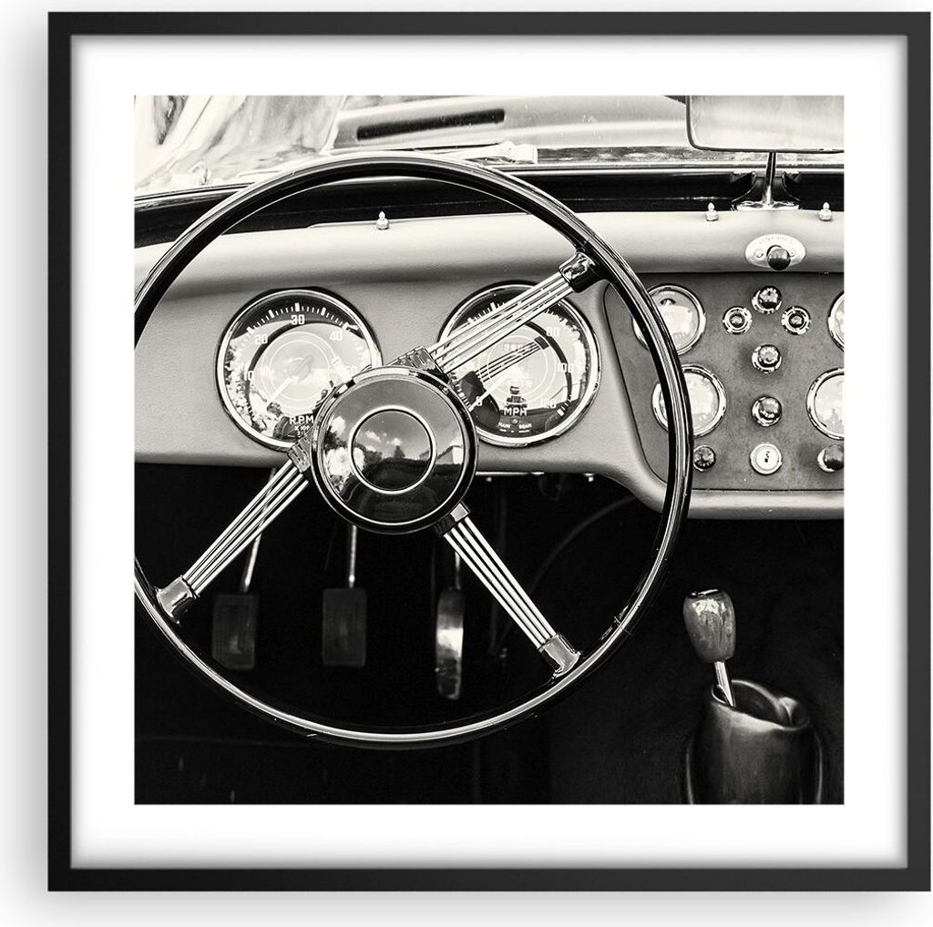 Gerahmtes Poster - Schwarzer Rahmen - Lenkrad Auto Vintage - 50x50 cm - Wand Bild - Wanddeko - Wandbilder - Kunstposter - Wandposter - Bilderrahmen...