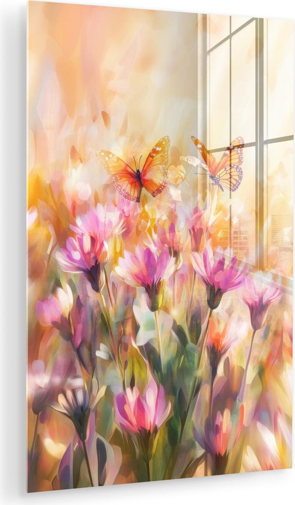 MuchoWow Glasbilder - Bilder auf Wandbild - Foto auf Glas Schmetterlinge - Orange - Blumen 80x120 cm Wanddekoration aus Glas - Acrylglasbild - Acry...