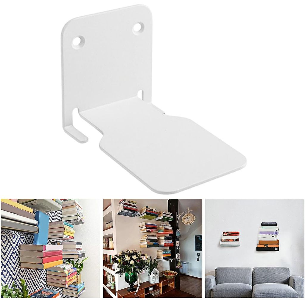 A collage showing a white metal shelf for books, and three lifestyle shots of books displayed on similar shelves.