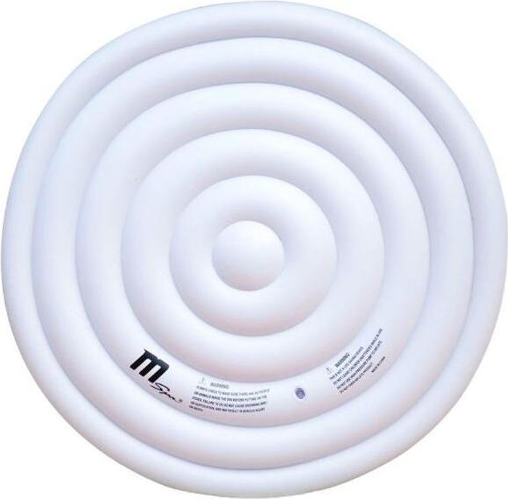 A white inflatable hot tub cover with concentric circles.