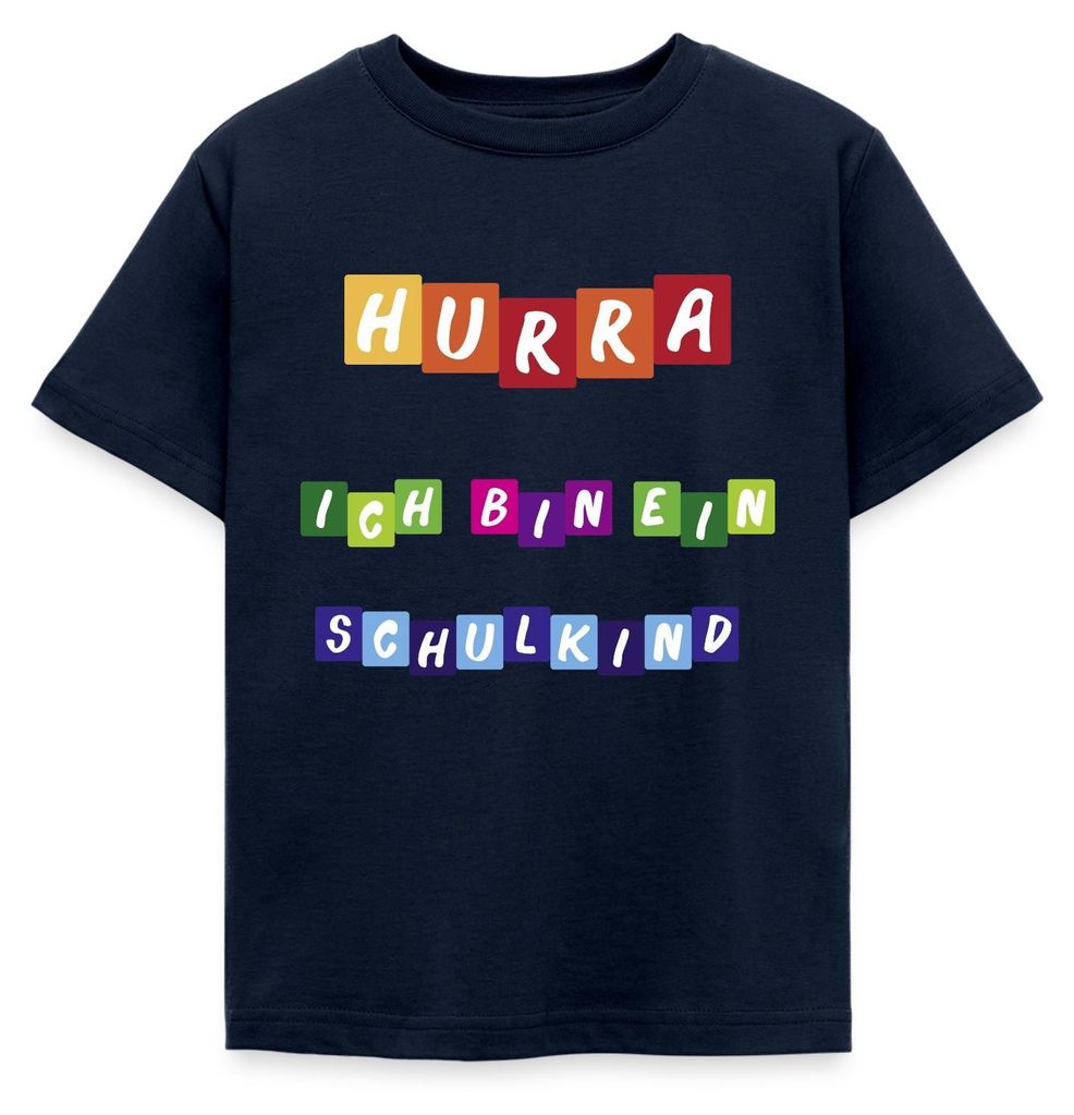 Spreadshirt Schulanfang Hurra Schulkind Farbenfroh Einschulung Kinder T-Shirt, 98/104 (3-4 Jahre), Navy