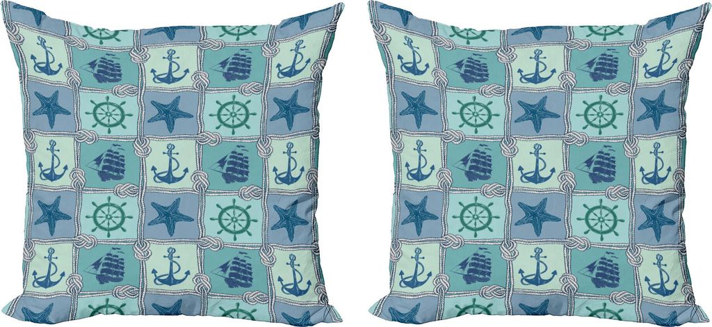 ABAKUHAUS Steuerrad Kissenbezug Set (2Stück), Aquatische Flickwerk Optik mit Seil Starfish Segeln Schiffs Anker und Rad Muster, 45 x 45 cm, Türki...