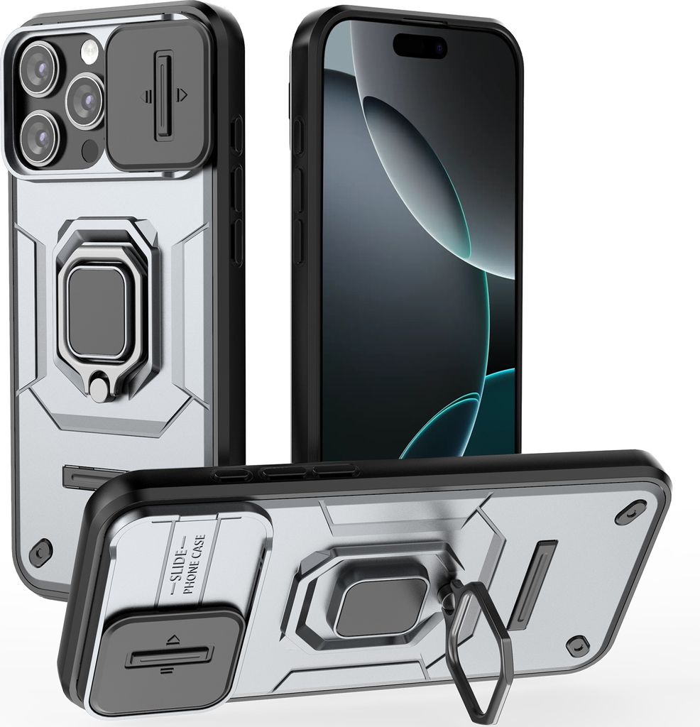 Hülle für iPhone 16 Pro Max Dual Layer Handyhülle Schiebe Kamera Schutz und Ringhalter Ständer Grau