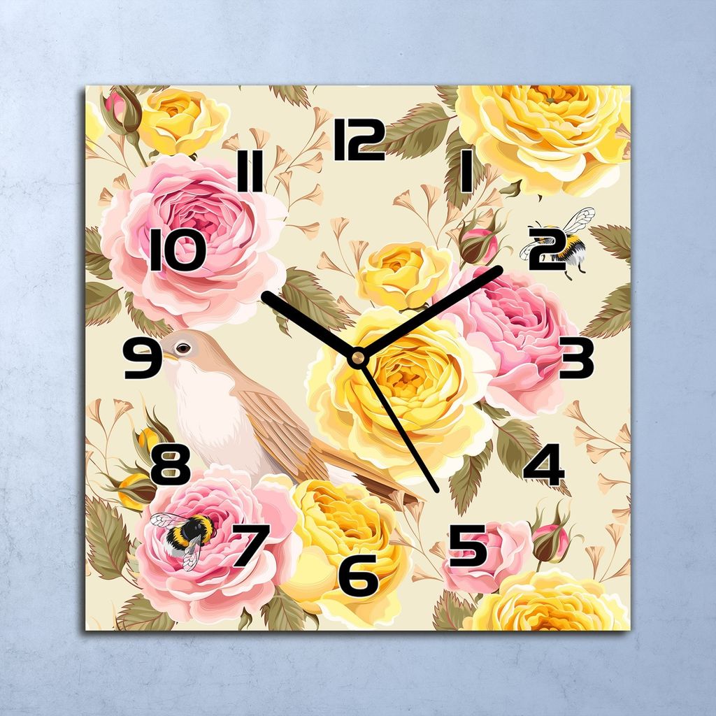 Wanduhr Echt-Glas-Küchenuhr Englisch Rosen Vögel Quarz 30x30 Deko Bilder