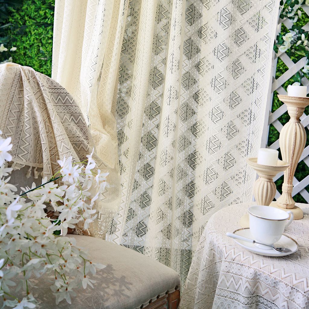 Boho Vorhänge 2er Set Beige Vintage Stricken Gardinen Produktbild 9