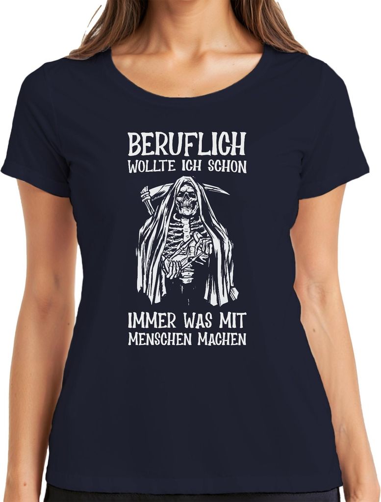 Beruflich wollte ich mit Menschen arbeiten Sensenmann Humor Dark Damen T-Shirt, Navy, S