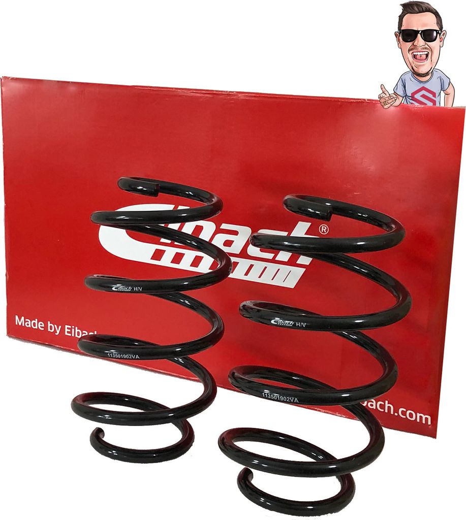Two black coil springs are displayed in front of a red box with white text and a cartoon character in the top right corner.