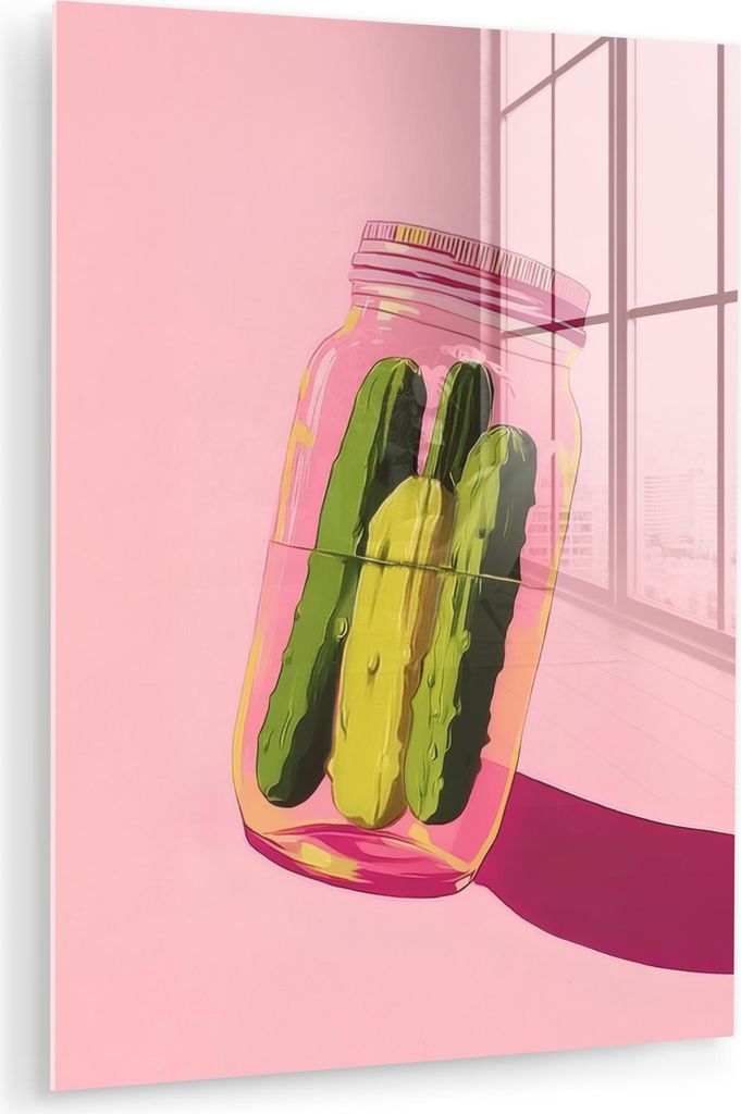 MuchoWow Glasbilder - Bilder auf Wandbild - Foto auf Glas Gewürzgurken - Topf - Farbton - Rosa 30x40 cm Wanddekoration aus Glas - Acrylglasbild - ...