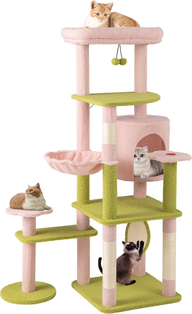 COSTWAY Kratzbaum 148cm Blumenthema, mehrstöckiger Katzenbaum mit Katzenhöhle, Sisalpfosten, Kratzbrett & Ball Kletterbaum Holz, Rosa Grün
