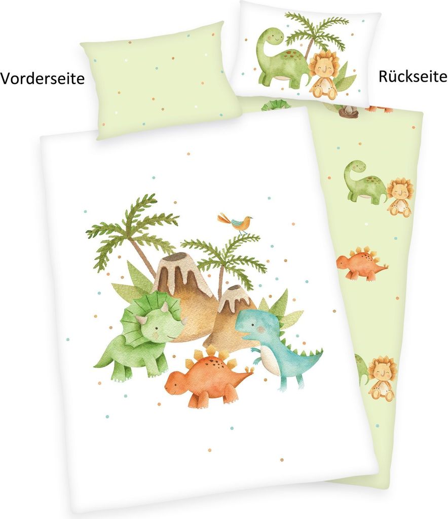 A flat lay of a duvet cover and pillowcase with a dinosaur theme.