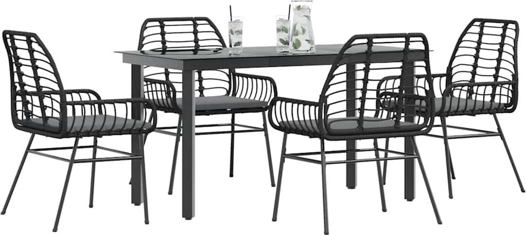 Design New Gartenmöbel Set Balkonmöbel-Set 5-tlg. Garten-Essgruppe mit Kissen Schwarz Poly Rattan Glas - Gartenmöbelgarnituren Möbel2025 CHY423...
