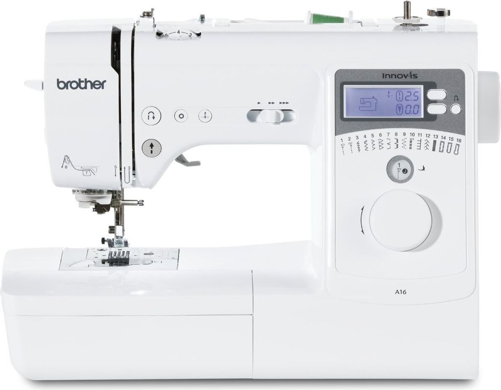 A white Brother Innov-is A16 sewing machine is shown from the front.