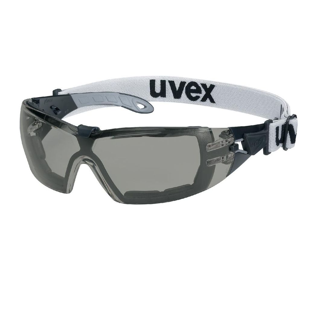 A pair of safety glasses with a white strap and the brand name 'uvex' printed on it.