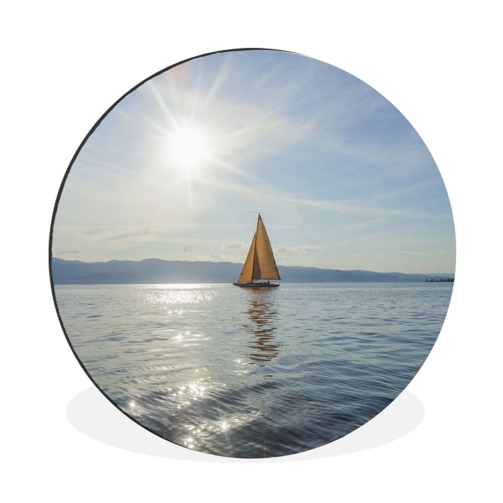 MuchoWow Aluminium Wandkreis Segelboot - See - Berg Ø 90 cm Wanddeko Modern Wohnzimmer - Mauerkreis - Wandbilder - Runde Bild - Bild aus Alumini...
