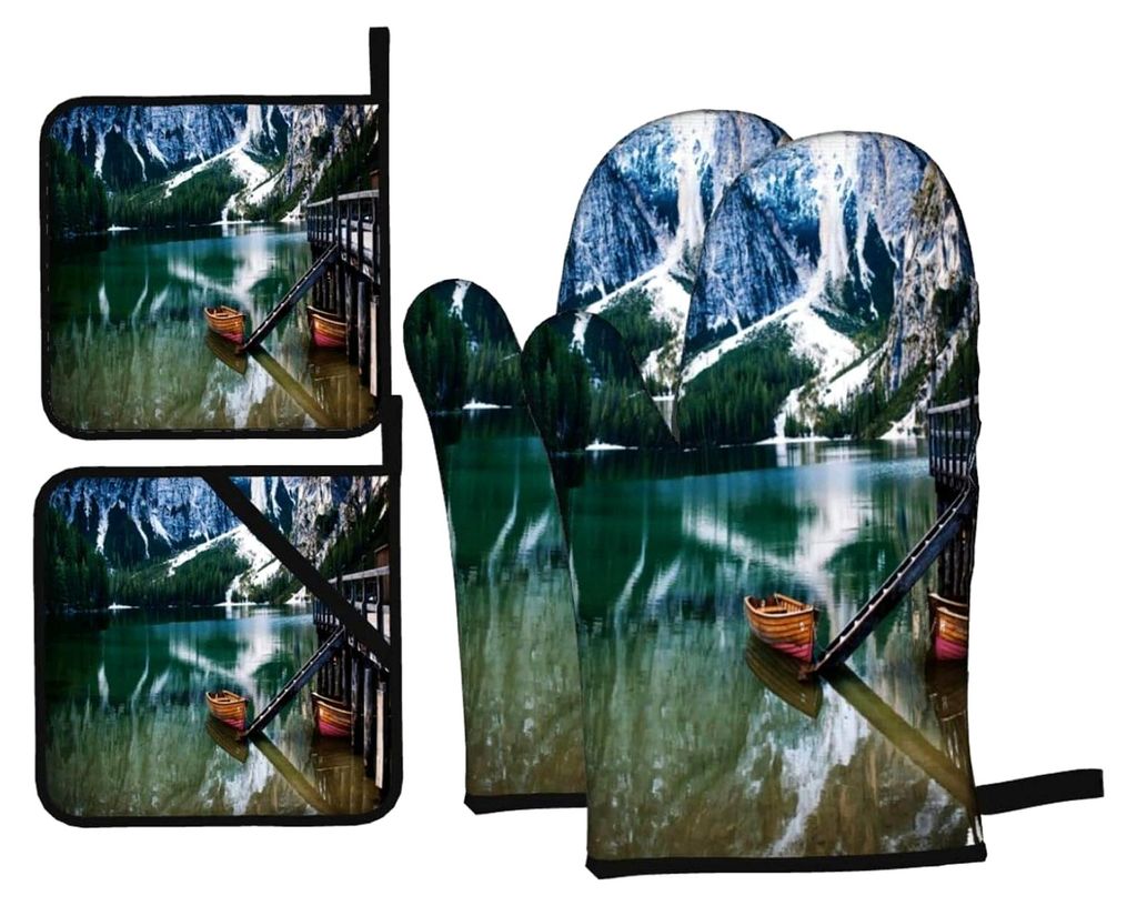 Ofenhandschuhe und Topflappen-Set, Schneeberg, Bootsmuster, 4 Stück, für Backen und Grillen