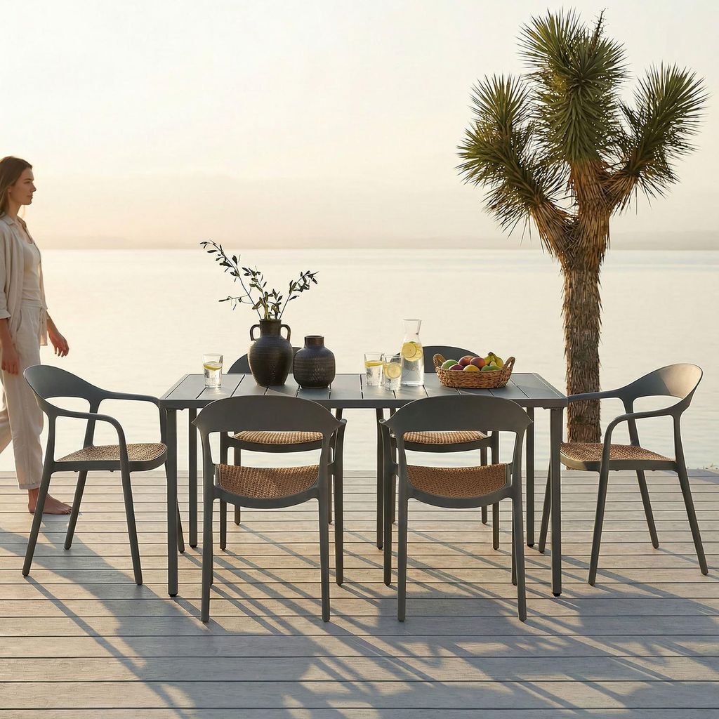 Gartenmöbel Set LAVANDA 1 Tisch & 6 Stühle, grau - Outdoor Sitzgruppe wetterfest UV-beständig, Tisch aus Aluminium, Stühle aus Polyrattan & Wie...