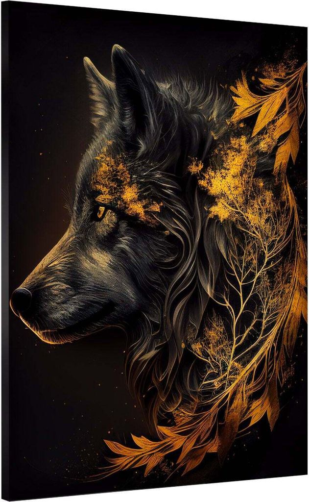 Wolf Gold Abstract Tier Leinwandbild Wandbild Kunst Deko XL: 120x160x4cm