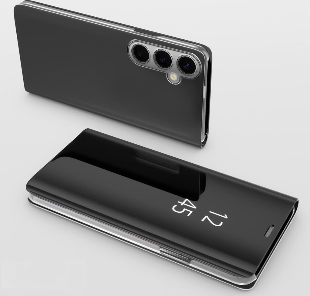 A black smartphone case with a clear view flip cover is shown, with a second phone in the background.