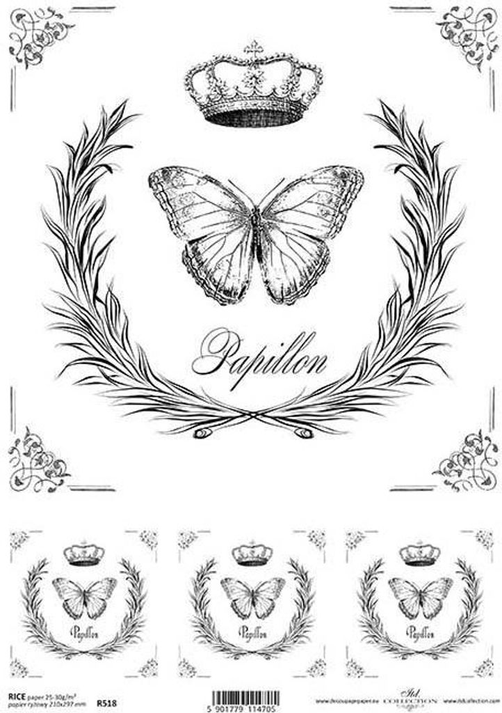 ITD Reispapier Decoupage Bastelpapier, Serviertentechnik, Schmetterling, Krone R0518