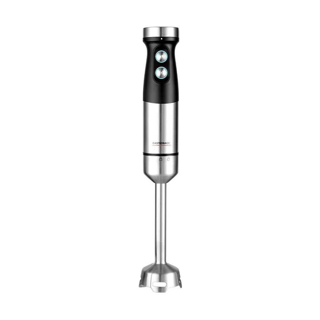 A studio shot of a silver and black immersion blender against a white background.
