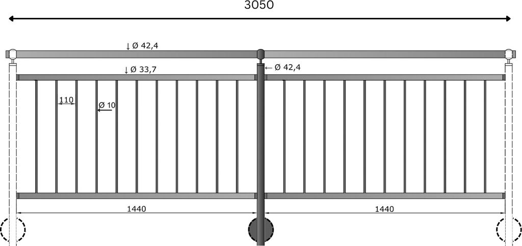 TIBU Geländer Edelstahl Balkongeländer Treppengeländer 0,8-6m senkrechte Streben seitliche Montage, Länge 3050 mm mit Seitenabstand 70 mm