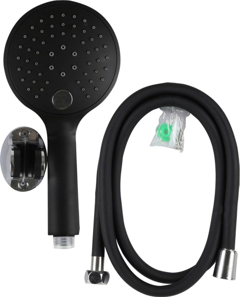 A black shower head with a hose and wall mount on a white background.
