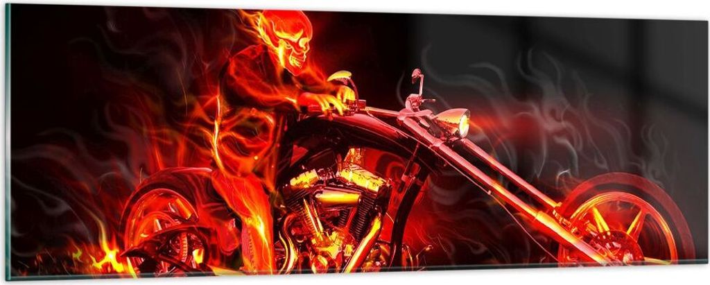 Bilder auf glas - Flammen Motorrad Skelett - 90x30cm - Glasbilder - Wandbilder - Kunstdruck - zum Aufhängen bereit - Wanddekoration aus Glas - Gla...