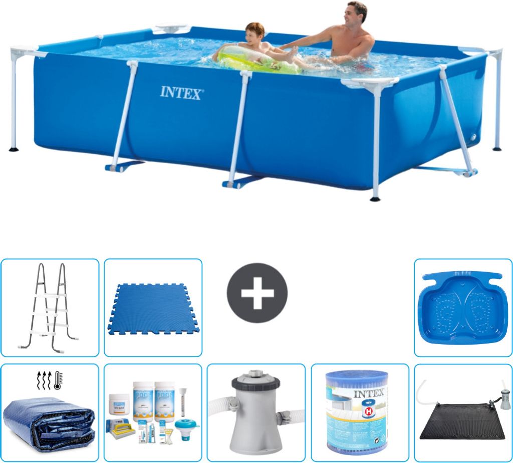Intex-Schwimmbecken mit rechteckigem Rahmen – 260 x 160 x 65 cm – Blau – im Lieferumfang enthalten Sonnensegel - Wartungspaket - Filterpumpe ...