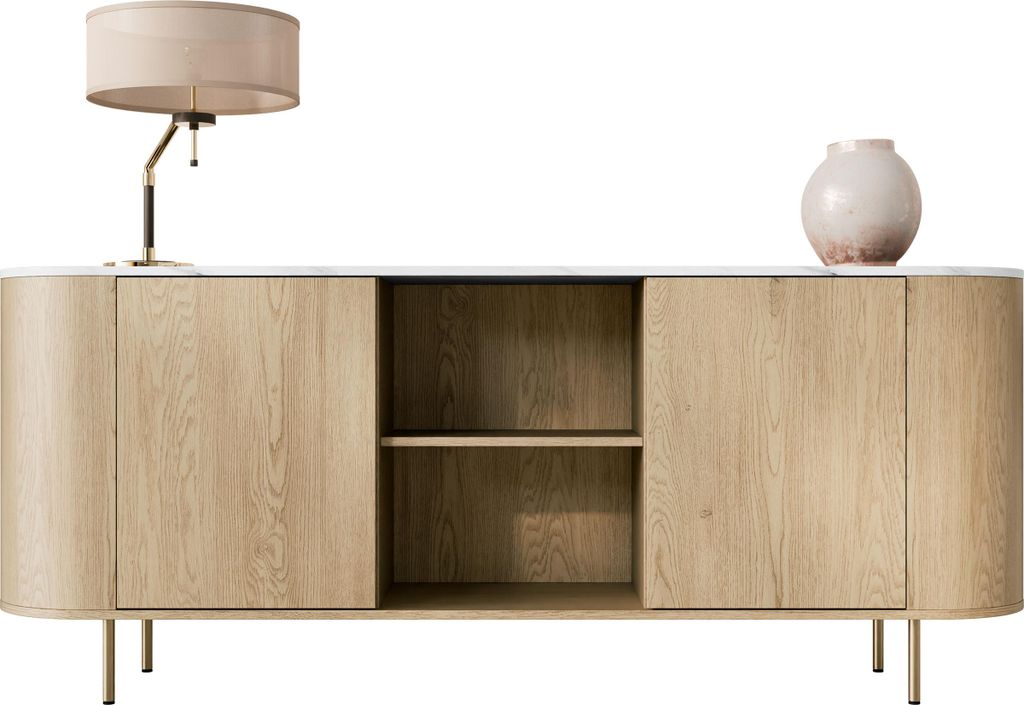 MIRJAN24 Türkommode Lygrint 180 2D, Stilvoll Wohnzimmer, Kommode mit zwei Drehtüren (Farbe: Eiche Cremona / Marmor Weiß + Gold)