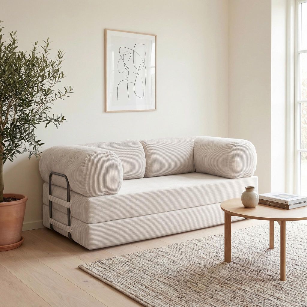 Idohome - Sofa MUNO, Cordsofa ausziehbar 200x100x86 cm mit Schlaffunktion, 2 Matratzen, Metallgestell - Farbe: Creme Poso 100