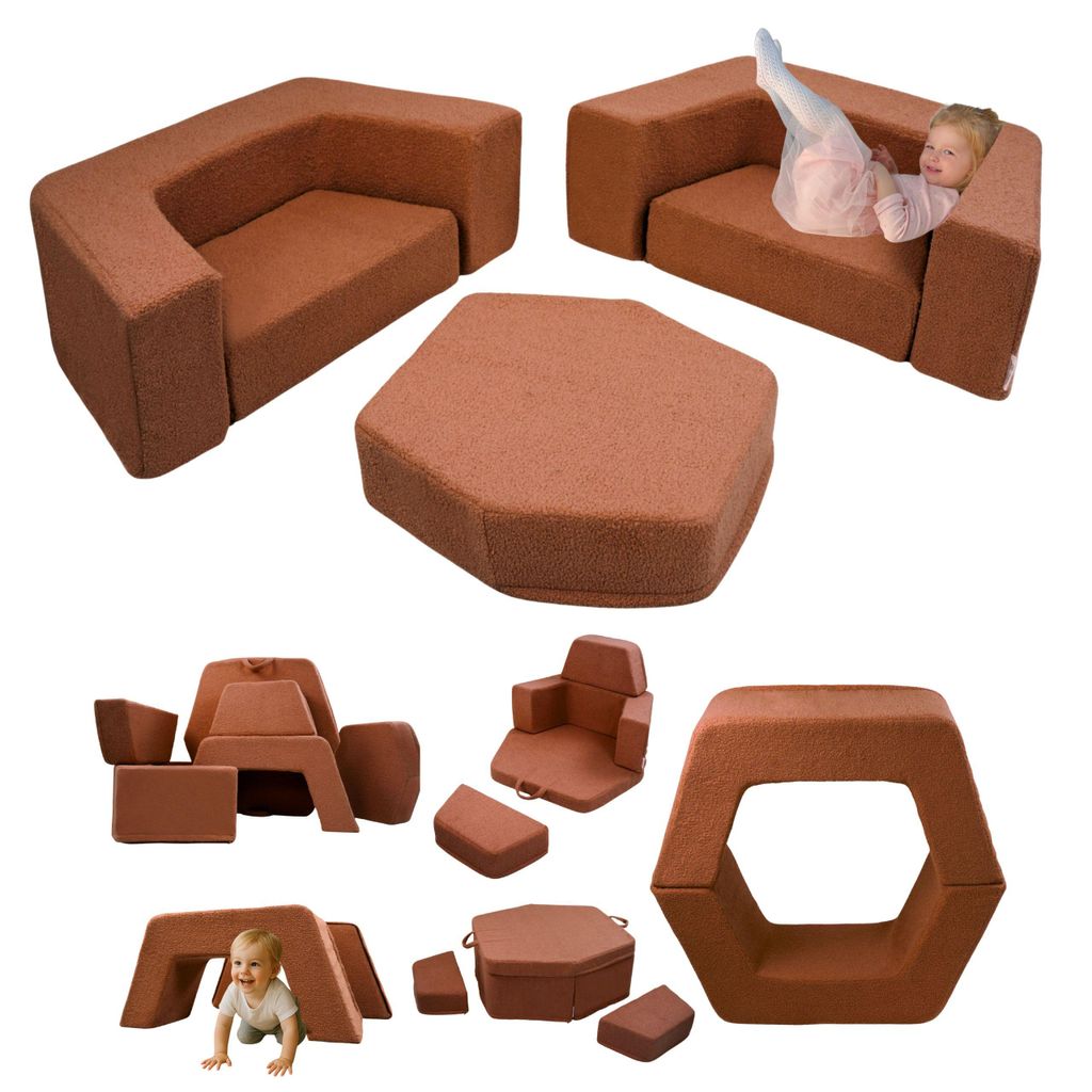 Flumi Montessori Spielsofa 6-teilig – Softbausteine aus Schaumstoff, modulares Spielset mit abnehmbarem & waschbarem Bezug