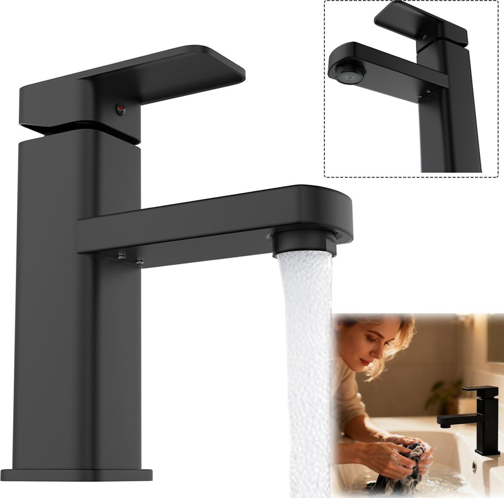 A black faucet with water running, and a woman washing her hands in a sink.