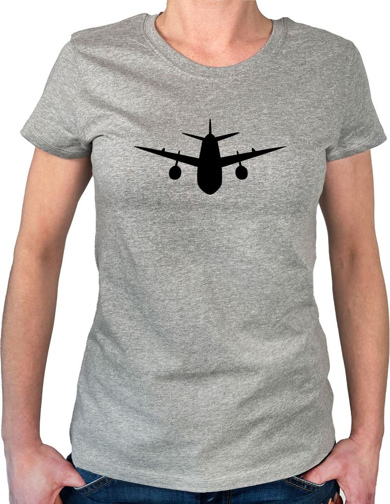 Huuraa Damen T-Shirt Flugzeug Flieger XL Sport Grey Bio Baumwolle Fairtrade Damenshirt Geschenkidee