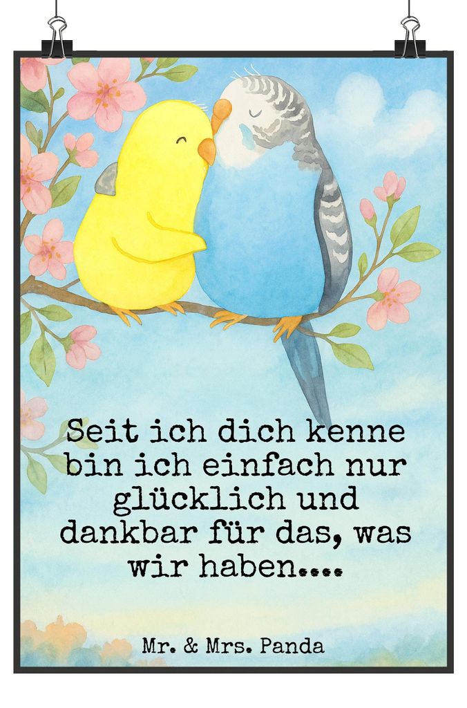 Mr. & Mrs. Panda Bild Wellensittich Liebe Design DIN A4 - Weiß - Geschenk, Verliebt, Nähe, Verknallt, drucke, Vertrauen, Freundin, Kunstdruck, wa...