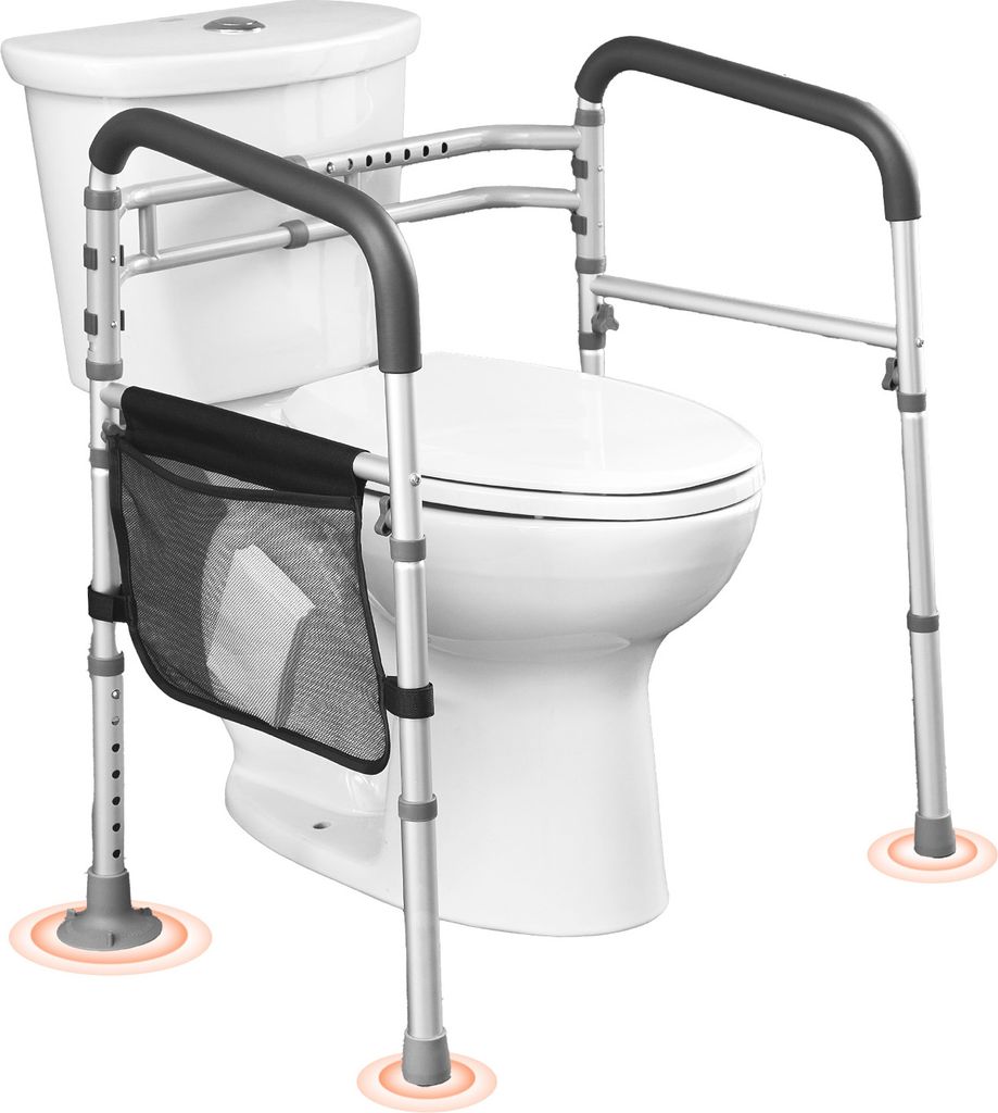 A toilet safety frame is shown installed around a toilet.