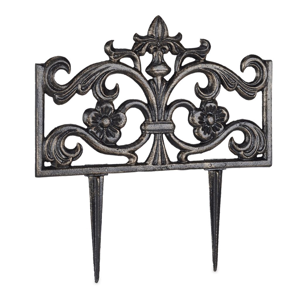 6er Set Beetzaun Gusseisen, mit Erdspieß, einfaches Stecksystem, Zierzaun, nostalgisch, H x B x T 37 x 36 x 2 cm, bronze