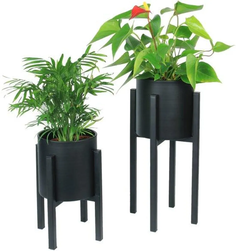 Vases à fleurs avec tiges et pots de culture en métal noir - Set de 2
