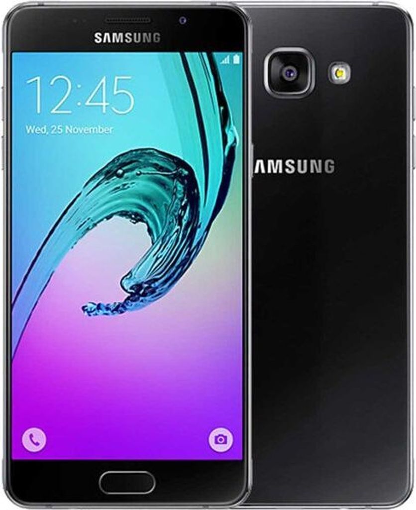 A black Samsung Galaxy A5 (2016) smartphone is shown from the front and back.